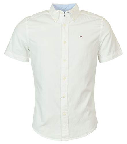 Tommy Hilfiger Mens Custom Fit Short Sleeve Button Down Shirt (Medium, White)