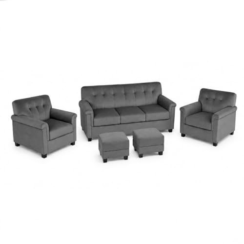 Image of FURNY Woodswave 5 Seater 3+1+1+2 Puffy Sofa Set for Living Room in Premium Velvet Finish (Dark Grey) Durable & Comfortable Ideal for Living Rooms