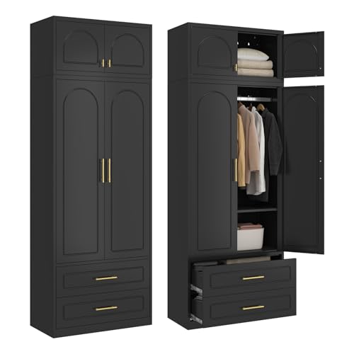 86" Metal Armoire Wardrobe Closet with 2 Drawers,Tall Clothing Storage Cabinet with Adjustable Shelves and Hanging Rod,Black Wardrobe Closet for Bedroom,Home,Office,Gym. Black 86"H-Arc-2 Dra