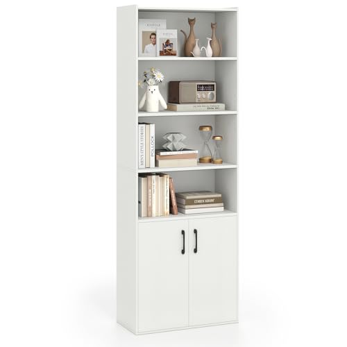 COSTWAY 6-Tier Bookcase, Freestanding Tall Bookshelf Cupboard Storage Organizer with Adjustable Shelf & 2-Door Cabinet, Wooden Display Shelving Unit for Living Room Office (White, 62 x 30 x 178cm)