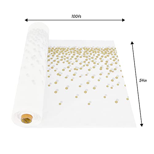 54 Inch X 100 Feet Plastic Table Cover Roll Disposable Tablecloth with Slide Cutter for All Type/Shape Tables | Picnic, Party, Banquet, Birthdays, Weddings (White & Gold Dot)