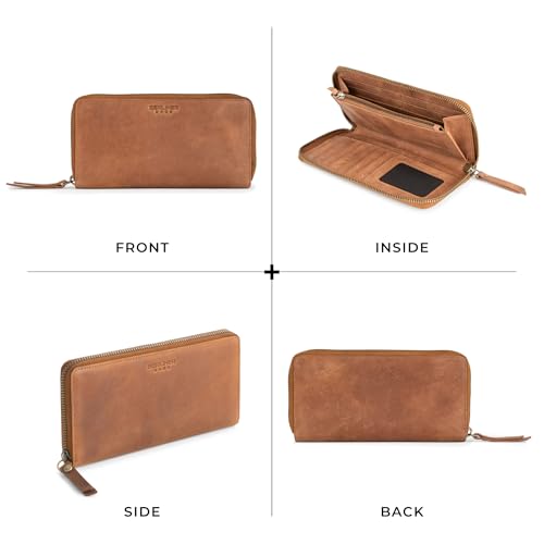 Image of BERLINER BAGS Genuine Leather Zip Wallet Women Margo, Gift Box - Brown | Soft Leather Zip Around Wallet, Fit up to Phone 6.9 inch, 12 Card Slots, 1 ID Window, 1 Coin Pocket, RFID Blocking