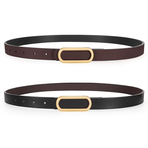SANSTHS Reversible Belts for Women, Two-in-one Thin Waist Belt Women for Dresses Jeans Coats with Gold Buckle, Black+Coffee, M