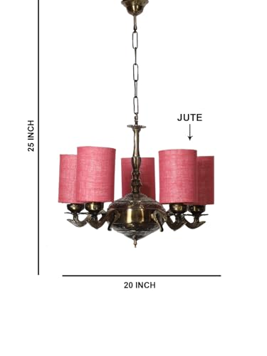 Image of Devansh 05 Lights Pink Jute Round Shade with Antique Golden Chandelier