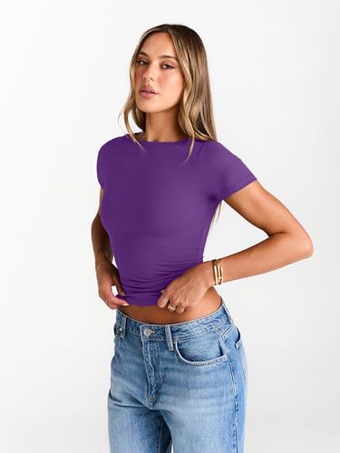 Image of Trendy Queen Womens Boat Neck Tops Short Sleeve Shirts | Compression Basic Tops,Y2K Aesthetic Slim Fit,Professional Business Casual, Polished Teacher Outfits