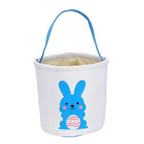 Image of Easter Bunny Basket Bag for Kids, Canvas Cotton Egg Hunt Tote with Rabbit Print, Bunny Gift Bag for Boys and Girls, Lightweight Reusable Candy and Egg Holder, Multiple Colors (bunny Basket -Blue)