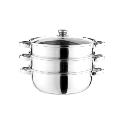 Royalford 3 Tier Stainless Steel Food Steamer with Glass Lid RF13034 Modak Momo Idiyappam Vegetable Steamer Induction Base Dishwasher Safe Food Heat Resistant Handle & Steam Vent 6 Liters 20 cm