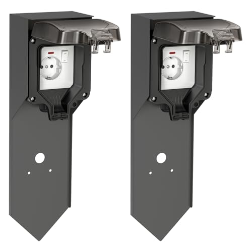 ledscom.de 2 pièces Colonne de Prises de Courant de Jardin POXO avec Piquet de Terre pour l'extérieur, IP65, 1x, Acier Inoxydable, Anthracite/Noir, carré, 40 cm