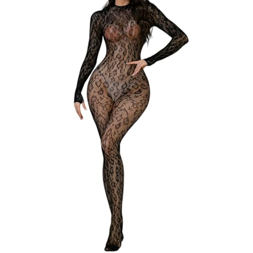 PARUPRUP Bodystockings Femme en Dentelle Léopard Catsuit Une Pièce Résille Transparente à Manches Longues Fishnet Body Combinaison (léopard Body)