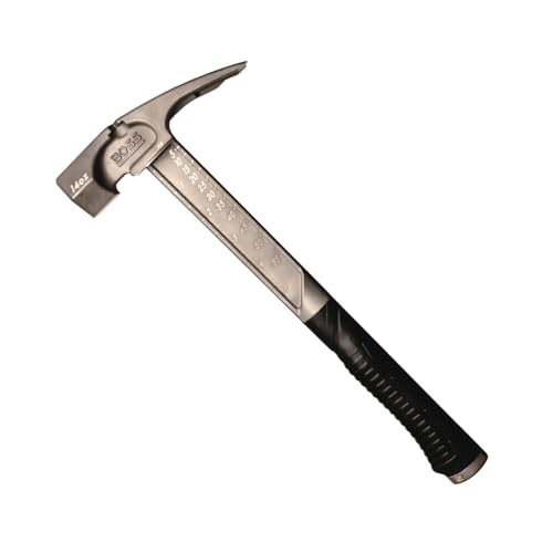 Boss Hammer 14 oz. Pro Series Titanium Hammer with Over-Molded No-Slip Rubber Grip - Construction Grade, Dual Side Nail Pullers, Smooth Face - Made in the USA - BH14TIS