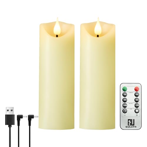 Image of Rechargeable Flameless Candles, 2 inch x 7 inch, ste of 2, Battery Operated Led Candles, Real Wax Candle with Remote and Timer, Ivory 3D Wick Pillar Candle for Home Fireplace, Wedding Decoration