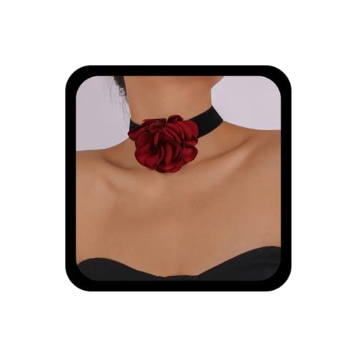 Wendalern Boho Collier Ras du Cou en Velours Noir avec Fleur Rouge et Rose 3D - Satin Élastique...