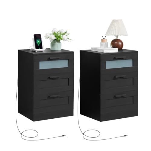 OCTTZ Lot de 2 Tables de Chevet avec 3 Tiroirs, Table de Nuit avec Éclairage LED et Ports USB et Type-C, Table d’Appoint Moderne pour Chambre à Coucher,...