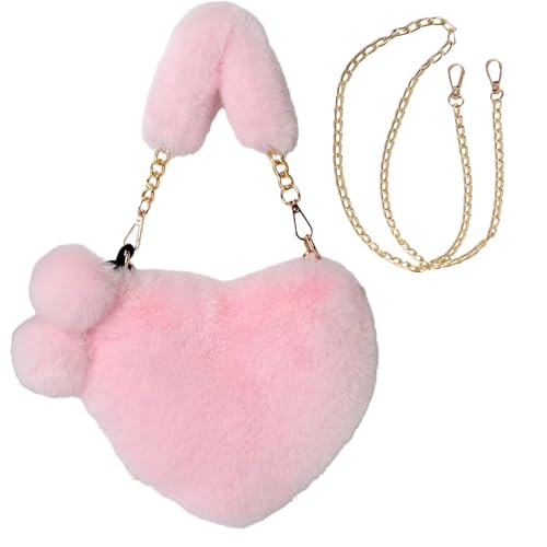 Handtasche Damen Handtasche Herz, Plüschhandtasche, Umhängetasche Plüsch, Herz Clutch Geldbörse für Cocktail Outdoor Karneval Reisen Alltag Festival Partys Geschenk (Color-Pink)