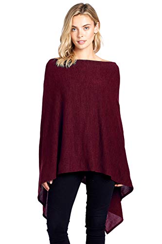 Modern Kiwi Solid Long Knit Asymmetric Wrap Poncho Topper Burgundy One Size