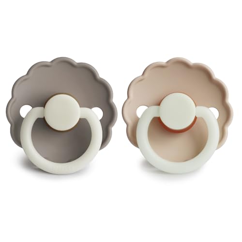 Image of FRIGG Daisy Night Natural Rubber Baby Pacifier | Made in Denmark | BPA-Free (Portobello /Croissant, 6-18 Months) 2-Pack