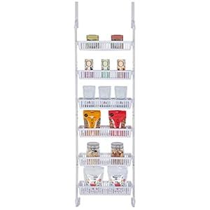 Smart Design Over-The-Door Organizer for Storage – Perfect for Pantry Organization, Bedroom, Bathroom Storage, Playroom, or Kitchen – Adjustable Steel Frame with 6 Baskets & Wall Mount – White