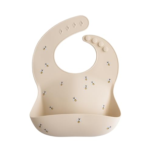 Image of mushie Silicone Baby Bib | Adjustable Fit Waterproof Bibs (Bees)