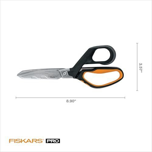 Fiskars PowerArc 8" Shop Shears, Heavy Duty Serrated Stainless Steel Scissors with Comfort Grip, Hardware Tool for Construction, Cut Materials like Insulation, Duct Tape, Cardboard, Rope and Tyvek