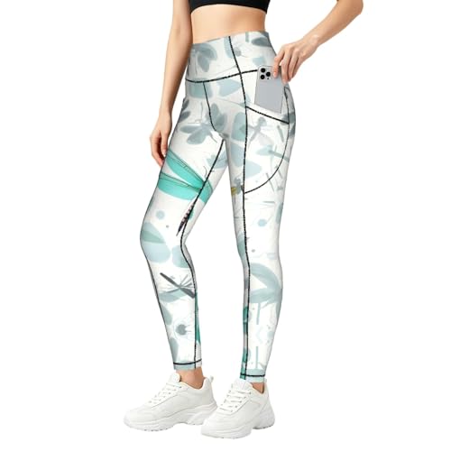Leggings de yoga verdes con bolsillos y estampado de libélula de cintura alta para running