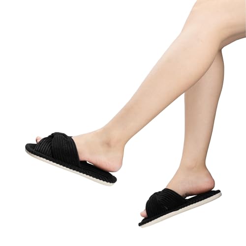 Image of Chantomoo Slippers for Women Memory Foam House Womens Slipper Slides Home Bedroom Bathroom Spa Open Toe Corduroy Bow Slippers Cozy Comfortable