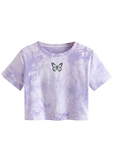 Sweatyrocks Women's Short Sleeve Print Crop Top T Shirt Butterfly Purple S #TOP23