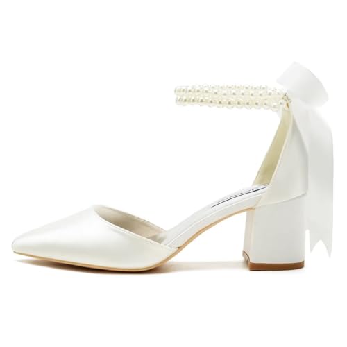 Image of Block Heel Wedding Shoes for Bride Pointed Toe Pearl Wedding Heels Bridal Shoes