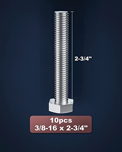 Image of 3 /8-16 x 2-3 /4 inch (5 /8 to 7 inch Optional) Hex Head Screw Bolt, Stainless Steel 18-8(304), Fully Threaded,10pcs