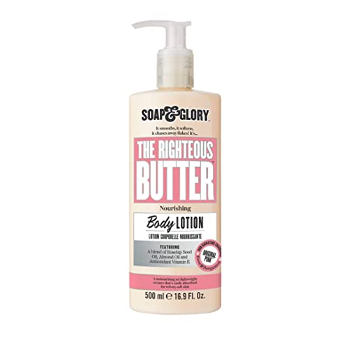 Soap & Glory Original Pink The Righteous Butter Moisturizing Body Lotion Pump - Shea Butter, Vitamin E & Aloe Vera Vegan Body Moisturizer - Rose & Bergamot Scented Lotion (500ml)