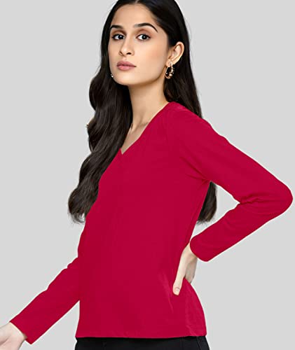 Image of Premium Plain Women V Neck Full Sleeves Cotton Tshirt. Festive,Offer,Discount,Sale,Limited Edition, Trending Tees and Tshirts.