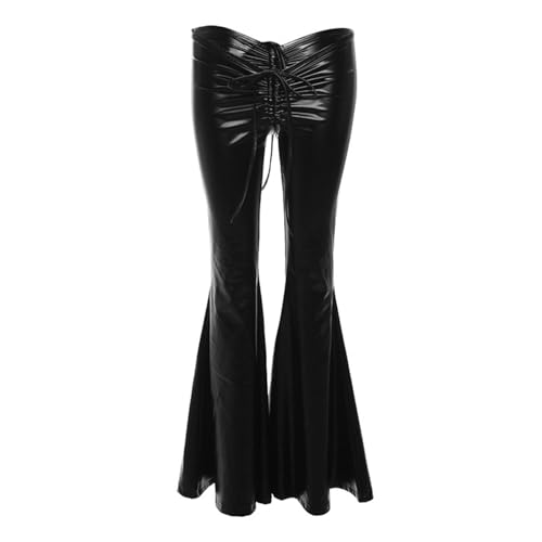 Pantalon cuir PU taille basse slim et évasé à cordon de serrage