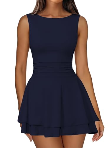 Image of IWD Women's Boat Neck Sleeveless Mini Dress Ruched Waist Flowy Tiered Ruffle Hem A Line Party Short Dresses