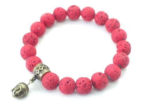 Bracelet pierre de lave rouge 10mm et Bouddha, le cadeau artisanal idéal