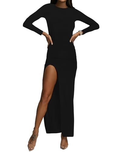 LYANER Women's Mock Neck Long Sleeve Slit Split Hem Cocktail Party Long Dress