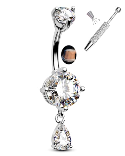 CM Crareesi Mania Belly Rings, 316L Surgical Steel Belly Piercing Jewelry Dangle Teardrop Belly Rings Equipped With Piercing Grabber Tool Navel Rings for Longnails