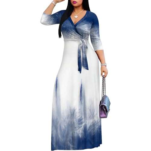 Image of PinkPatty Women's Print Maxi Dresses 3 /4 Sleeve Flowy Long Dress V Neck Wrap Tie Waist Sundress