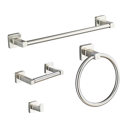 Brushed Nickel Bathroom Hardware Set 4 Pieces Towel Bar Set Stainless Steel Wall Mounted Includes 16In Hand Towel Bar Towel Ring Robe Towel Hooks Toilet Paper Holder Bathroom Towel Rack Set