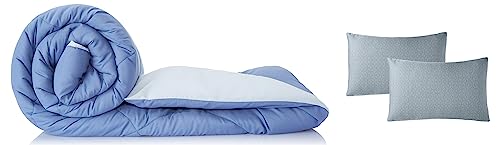 Image of Amazon Brand - Solimo Microfibre Reversible Comforter, Single (Stone Blue & Silver Grey, 200GSM) Microfiber Bed Pillow Set (Grey, 43 x 69 cm) 2-Piece