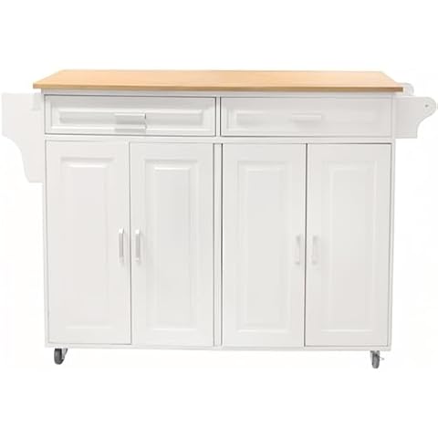YIORTWO Kitchen Island Cart with Rubberwood to, 54" Width Mobile Carts with Spice Rack, Towel Rack and Drawers for Dining Room, Distressed White Cover