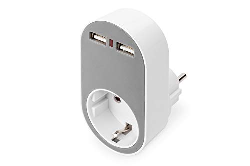 DIGITUS Adaptador de enchufe con USB - 2x USB-A - 16 A, 250 V, 50 Hz - IP20 - Enchufe con protección contra contacto