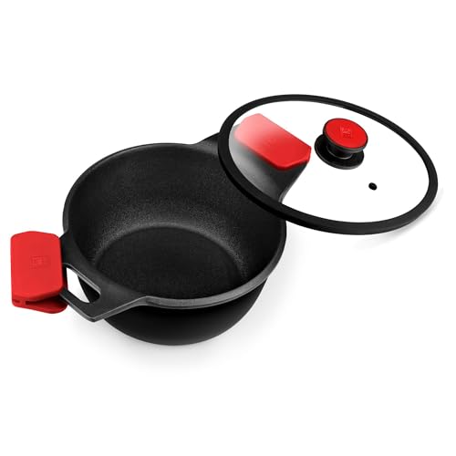 Image of BRA COOKWARE Infinity Nonstick Stock Pot w /Glass Lid | 9.5 Inch 3.8 Quart Cast Aluminum Cooking Pot | PFOA /PFAS Free Deep Pot | All Cooktops (incl Induction) | Removable Silicone Handle