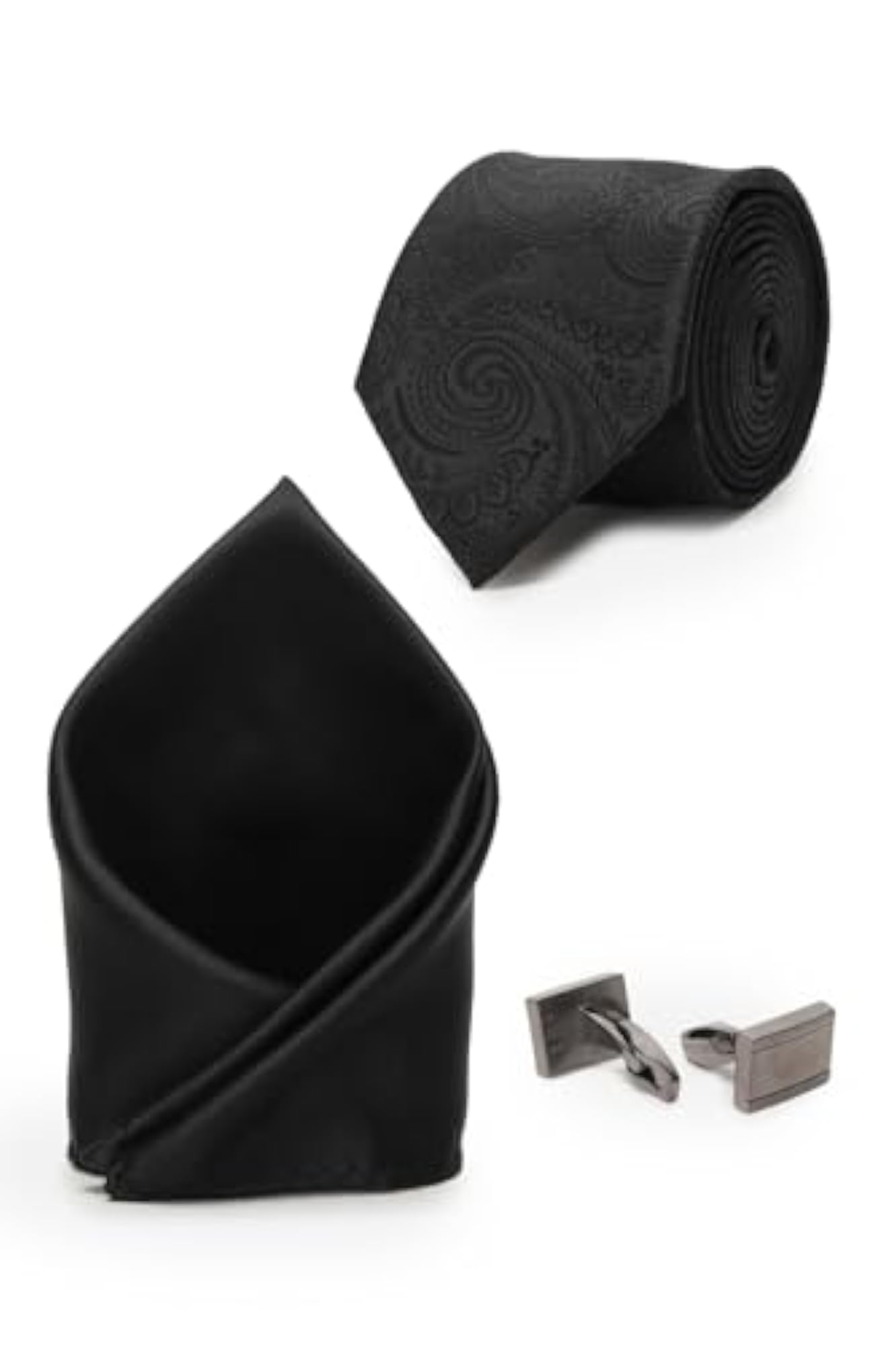 Men's Black Party Tie Pocket Square and Cufflink Set