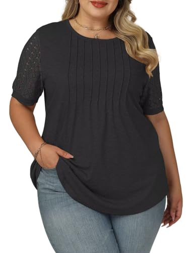 VISLILY Womens-Plus-Size-Summer-Tops Dressy Lace T Shirts Trendy Short Sleeve Blouses Flowy Pleated Crewneck Tunics XL-5XL2