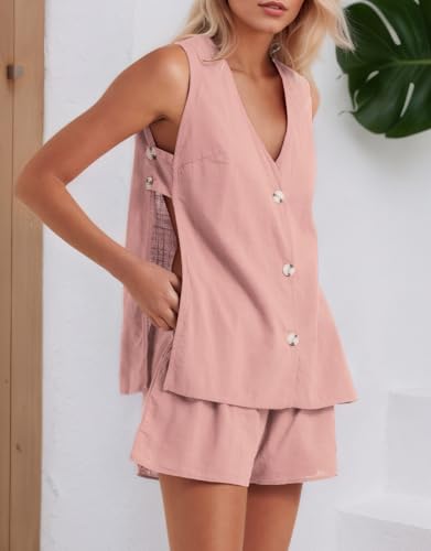 Kedera Women's Summer 2 Piece Outfits Sleeveless Matching Sets Button Down V Neck Vest Waistcoat and Pockets Shorts3
