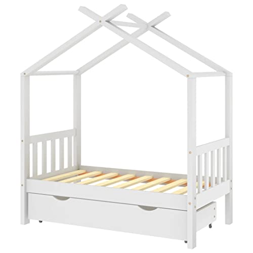 vidaXL Pin Massif Cadre de Lit d'enfant avec Un Tiroir Cabane de Lit d'enfant Sommier à Lattes Chambre à Coucher Maison Intérieur Blanc 70x140 cm
