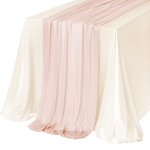 Ling’s moment 50% Transparency Tablecloth & Runner Set for 4/6ft Long Table for Wedding Reception Head/Sweetheart Table(9x11ft, Blush-Pink & Cream)