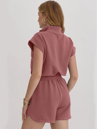 Image of Rompers for Women Summer Short Sleeve Half Zip Lapel Collar Jumpsuit Casual Drawstring One Piece Outfits with Pockets