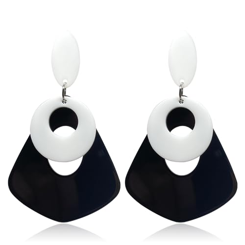 Zszkoz Colourful Acrylic Earrings for Women Handmade Unique Retro Geometric Round Hollow Resin Statement Drop Dangle Earrings 70s 80s Jewelry Gifts (black)