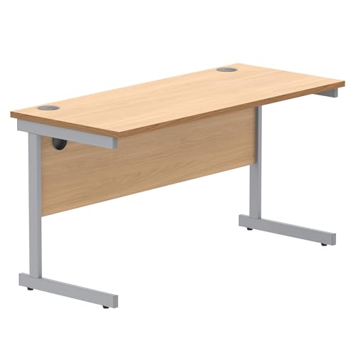 Office Hippo Essentials - Escritorio Rectangular para Ordenador de Escritura, Escritorio de Oficina en casa con gestión de Puertos de Cable, Parte Superior de Haya Noruega, Marco Plateado, 140 x 60 x