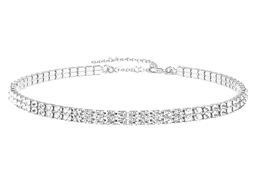WangGao Stainless Steel Double Layer Rhinestone Choker Sparkling Crystal Tennis Necklaces for Women Shiny Cubic Zirconia Choker Jewelry Bridal Wedding Bridesmaid